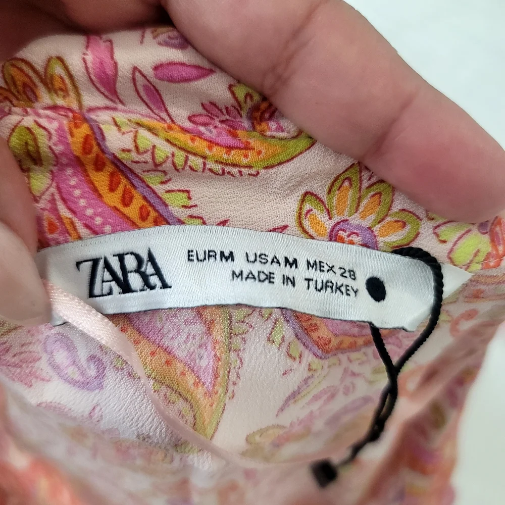 ​Zara Paisley Print Button-Down Blouse Pink & Orange Boho Shirt  M 100% Viscose - Picture 6 of 10